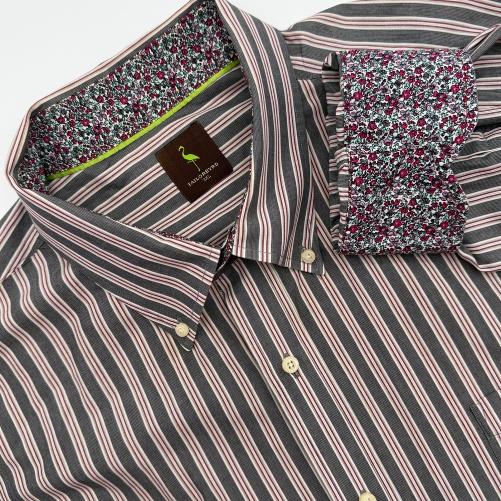 Tailorbyrd Mens 3XL Striped Button Down Shirt Grey Floral Flip Cuff Cotton - Picture 1 of 10